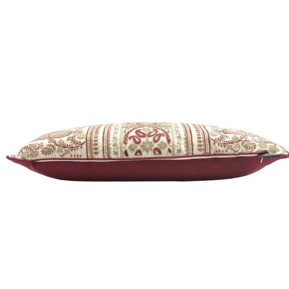 Throw Pillow Rectangular Ivory Red Embroidered Linen Blend by Envogue 13X24